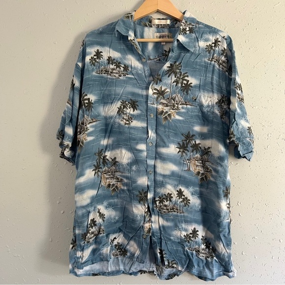 Campos Moda Tropical Escape Blue Palm Shirt Button Down Hawaiian Beach Vacation - Picture 1 of 6